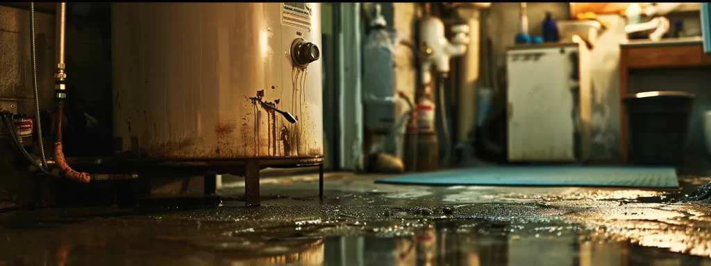 a close-up view of a gas water heater with visible puddles on the floor and signs of corrosion on the pipes, set against a dimly lit, cluttered basement environment, highlighting the urgency of identifying leaks and protecting the plumbing system.