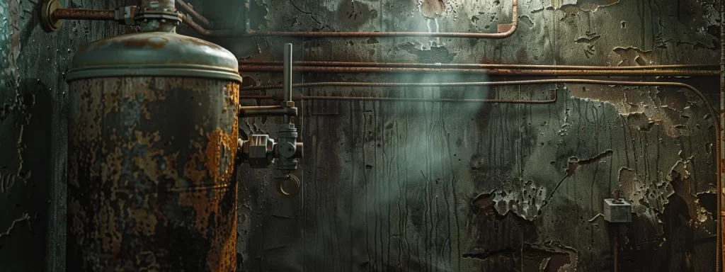 a close-up view of a vintage water heater in a dimly lit basement, subtly illuminated to highlight its rusted tank and the vibrant steam escaping from the valve, evoking a sense of urgency as ominous rumbling noises resonate around it.