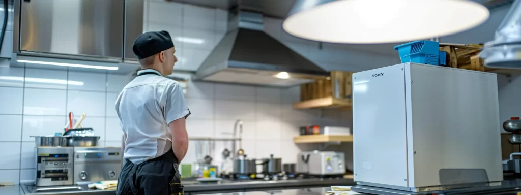 a modern kitchen with a focused view of a new, sleek water heater being installed by a qualified technician, emphasizing the precise equipment and tools used, under bright, efficient overhead lighting.