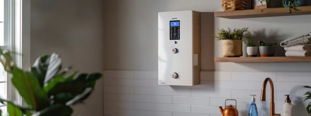 a modern, well-lit utility room showcases a sleek, tankless water heater prominently mounted on the wall, with a digital display highlighting its features and lifespan, conveying the importance of understanding home appliance longevity.