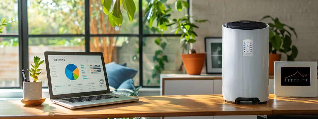 a professional-looking home office features a modern water heater prominently displayed next to a sleek laptop, with graphs and charts on the screen illustrating cost comparisons between repair and replacement, emphasizing informed decision-making.